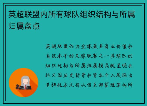 英超联盟内所有球队组织结构与所属归属盘点